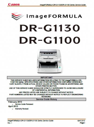 CANON ImageFORMULA DR-G1100 and DR-G1130 Service Manual and Parts